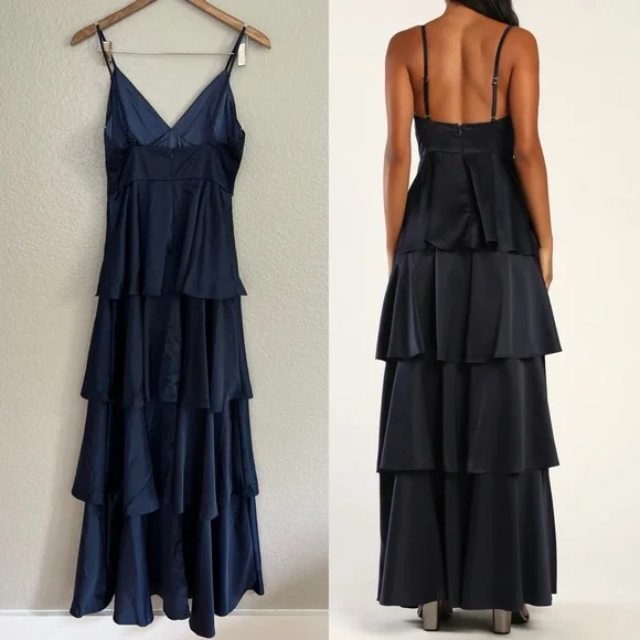 NWOT Going with Elegance Navy Blue Satin Tiered Maxi Dress - Picture 2 of 8